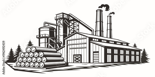 Large industrial facility with multiple smokestacks and stacks of logs