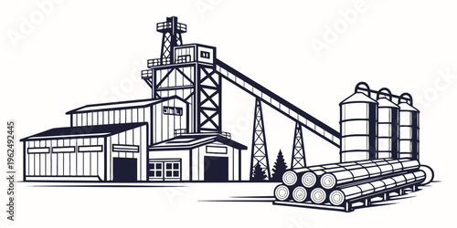 A detailed illustration of an industrial factory with storage silos and barrels