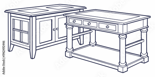 Antique wooden furniture set including a desk and a cabinet.