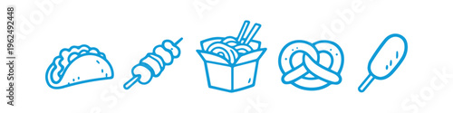 Minimalist blue line art icons of popular street food: taco, kebab skewer, noodles in a take-out box, pretzel, and corn dog. Clean vector style on a white background banner.