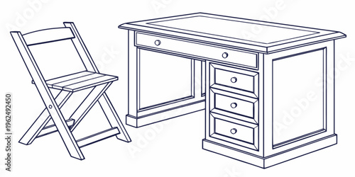 A vintage wooden desk with a chair and a small cabinet for storage