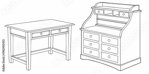 Two vintage wooden desks with drawers and shelves for office use.