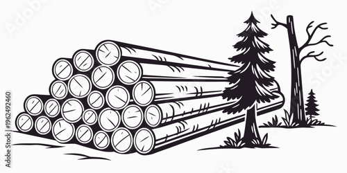 A large stack of logs neatly arranged in a forest setting with trees in the background