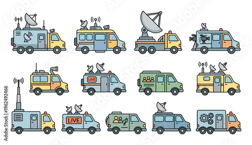 Collection of specialized media broadcasting vehicles featuring satellite dishes and antennas for news reporting and live event coverage.