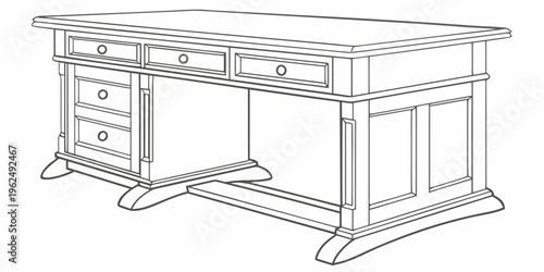 Antique wooden desk with intricate carvings and multiple drawers