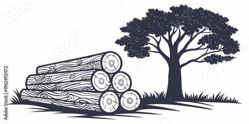 A large stack of logs next to a solitary tree in a grassy field.