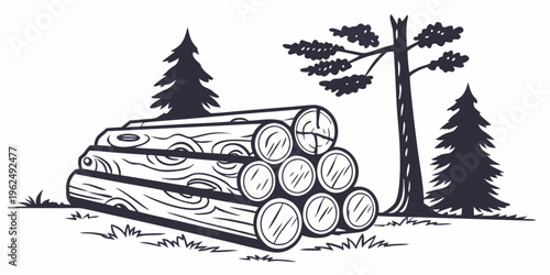 Stack of logs in a serene forest setting with tall pine trees in the background