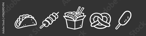 Set of minimalist white line icons depicting popular street foods: taco, kebab, Chinese noodles, pretzel, and corn dog on a dark background. Ideal for menus, food branding, and web design.