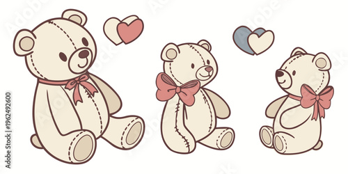 Four adorable teddy bears sitting together with hearts floating above them