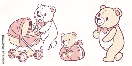 A heartwarming illustration of teddy bears enjoying a day out with a baby
