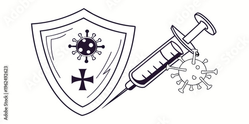 A shield with a cross and virus illustration next to a syringe with floating viruses.