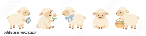 Cute cartoon sheep characters are celebrating spring and Easter with flowers, eggs, and sweet expressions in a charming illustration.