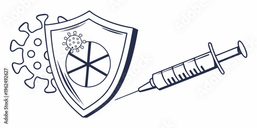Illustration of a shield with a vaccine symbol and a syringe.