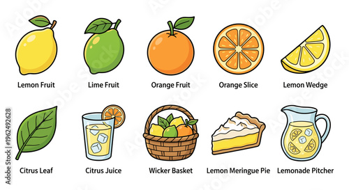 Various citrus fruits and refreshing drinks illustration set showcases lemons, limes, oranges, juice, pie, and lemonade in a vibrant cartoon style.