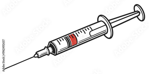 A detailed illustration of a syringe with a needle, ready for medical use.
