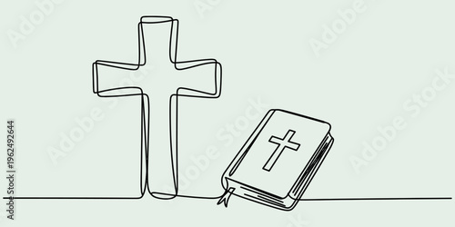 Continuous line drawing of a christian cross and holy bible book on a plain background