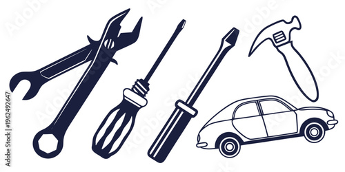A variety of tools and a small car illustration on a white background