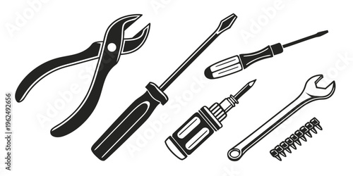 Assorted tools displayed on a white background