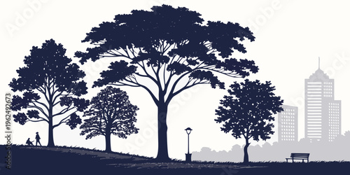 A serene park scene with a large tree, a smaller tree, and a distant building.