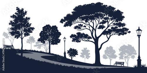 Silhouettes of trees and a bench on a hillside at sunset