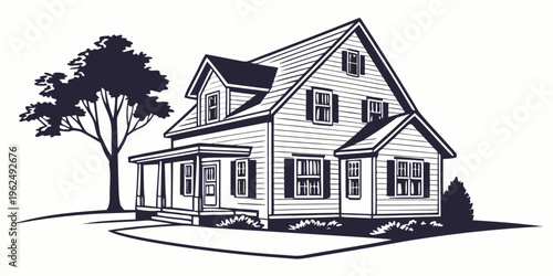 A charming two-story house with a welcoming front porch and mature tree.