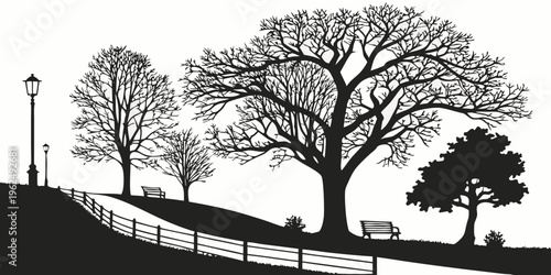 A serene landscape featuring a winding path under a canopy of tall trees.