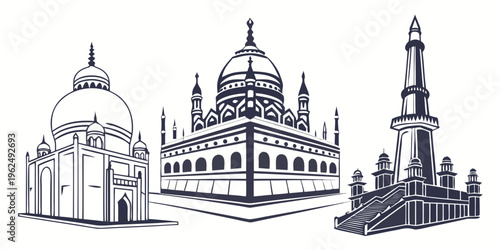 Three distinct architectural structures from different cultures and time periods