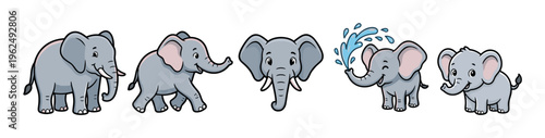 Five cute cartoon elephants in various playful poses, including a baby and one spraying water, creating a charming and whimsical illustration.