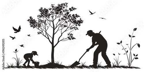 A man tending to a tree in a serene nature scene with various animals