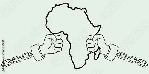 Symbolic illustration of two handcuffed hands breaking apart the continent of africa with chains Vector, illustration