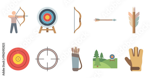 Archery equipment and related items are displayed in a collection of flat design icons, representing the sport's essential tools and targets.