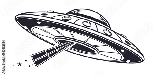 A vintage illustration of a flying saucer with a ray gun, reminiscent of 1950s science fiction art.