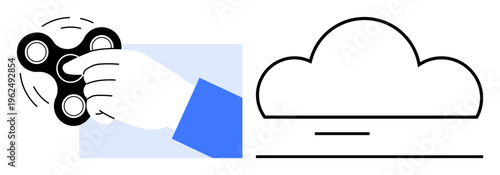 Stress relief, mindfulness, cloud storage, digital connectivity, productivity, relaxation. Hand holding a fidget spinner, minimal cloud drawing. Stress relief and mindfulness concept