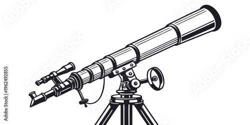 Astronomical telescope on a tripod, with a detailed view of its components.