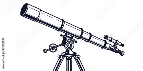 Astronomical telescope on a tripod mount with a clear night sky in the background