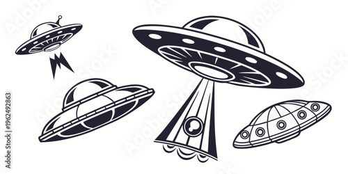 A collection of various flying saucers and unidentified flying objects.