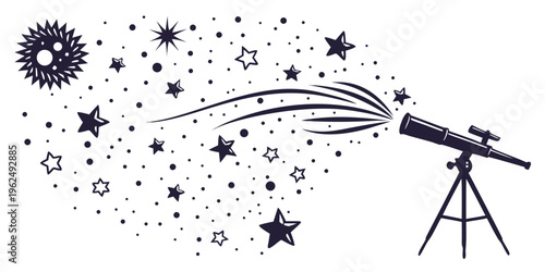 A telescope observing a meteor shower amidst a starry night sky