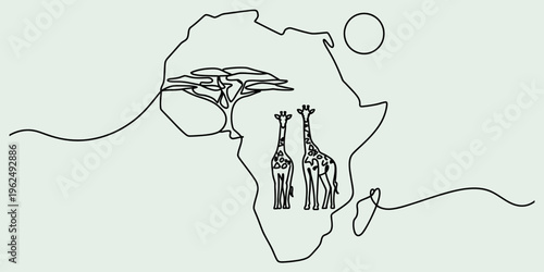 Continuous line art illustration of the african continent with giraffes and acacia trees. Vector, illustration