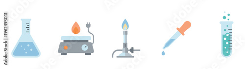 Laboratory science equipment icons illustrating essential tools for chemical research and experiments in a clean, modern flat design.
