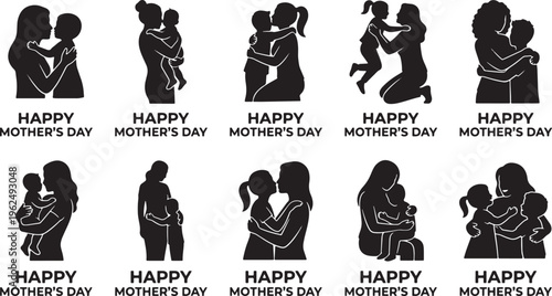 Black silhouette of diverse mothers and children celebrating Mother's Day with heart shapes