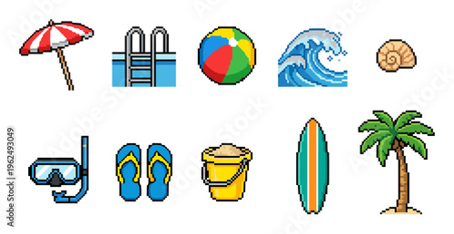 Summer pixel art icons featuring various beach and pool vacation elements like an umbrella, surfboard, and palm tree, perfect for retro game design.