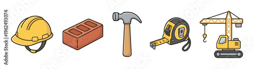Construction tools and equipment icons including a hard hat, brick, hammer, tape measure, and crane represent building and development concepts.