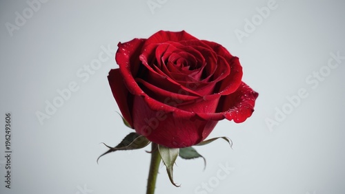 Close-up of a single red rose with water droplets on its petals, great for beauty or nature-themed designs
