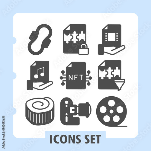 Pad, music file, sushi modern icons set depicting photography, crypto, finance and transactions items in solid style for apps and print on white background. Set of nine glyph icons.