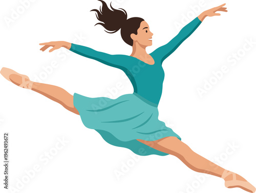 Young female dancer executes an elegant ballet leap in mid-air against white.