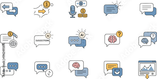 AI Chat and Communication Icon Set Featuring Smart Assistant Messages, Voice Interaction, Suggestions, Brain Thinking Concepts, and Conversational Interface Elements