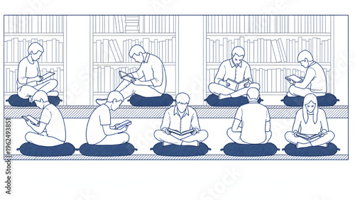 Library Reading Human Scale Figures, People Sitting on Floor Cushions, Studying, AutoCAD Blueprint Elevation, Thick Line Drawing