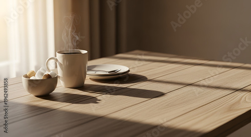 A steaming hot cup of coffee and sugar cubes on a wooden table bathed in morning sunlight