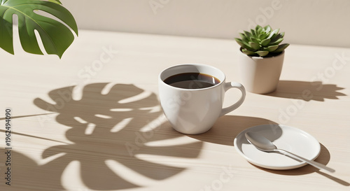 A refreshing coffee break in the morning sun with plants and shadows
