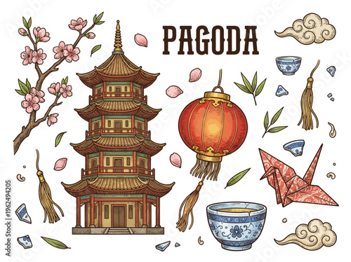 Traditional Japanese Culture Vector Illustration Set with Pagoda, Sakura Blossoms, Red Lantern, Origami Crane and Tea Cup on Black Background